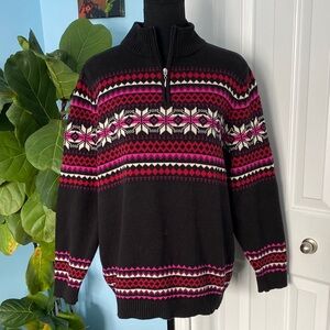 CJ Banks 1X Black, Pink, Red And White Super Cute Winter Knit 1/4 Zip Sweater